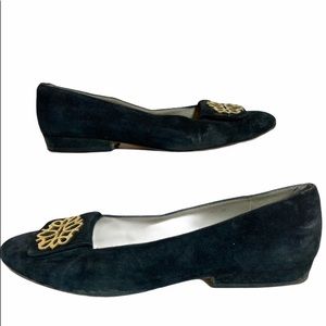 Ferragamo 8.5 blue suede w/ gold medallion at toe